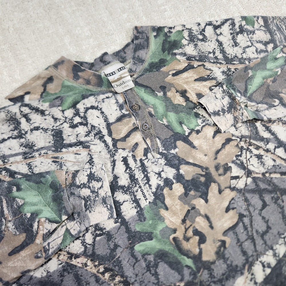 Vintage Camo Shirt Men Large Jerzees Henley‎ Cotton Trebark Bigwoods Y2K